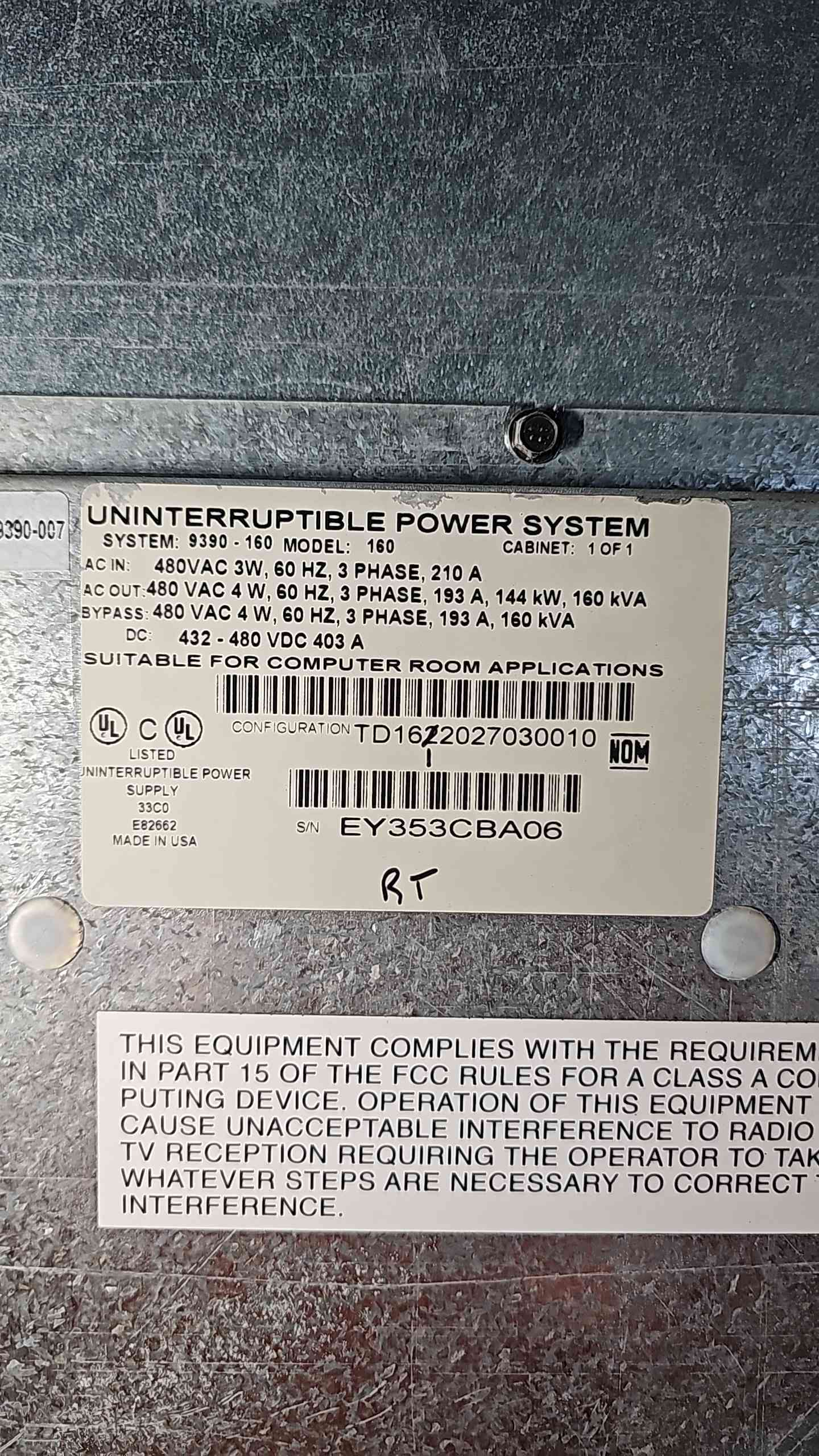 Eaton UPS 160KVA 480V 3PH 3W 9390-160 2012 AS IS for Parts (SKU:108204)