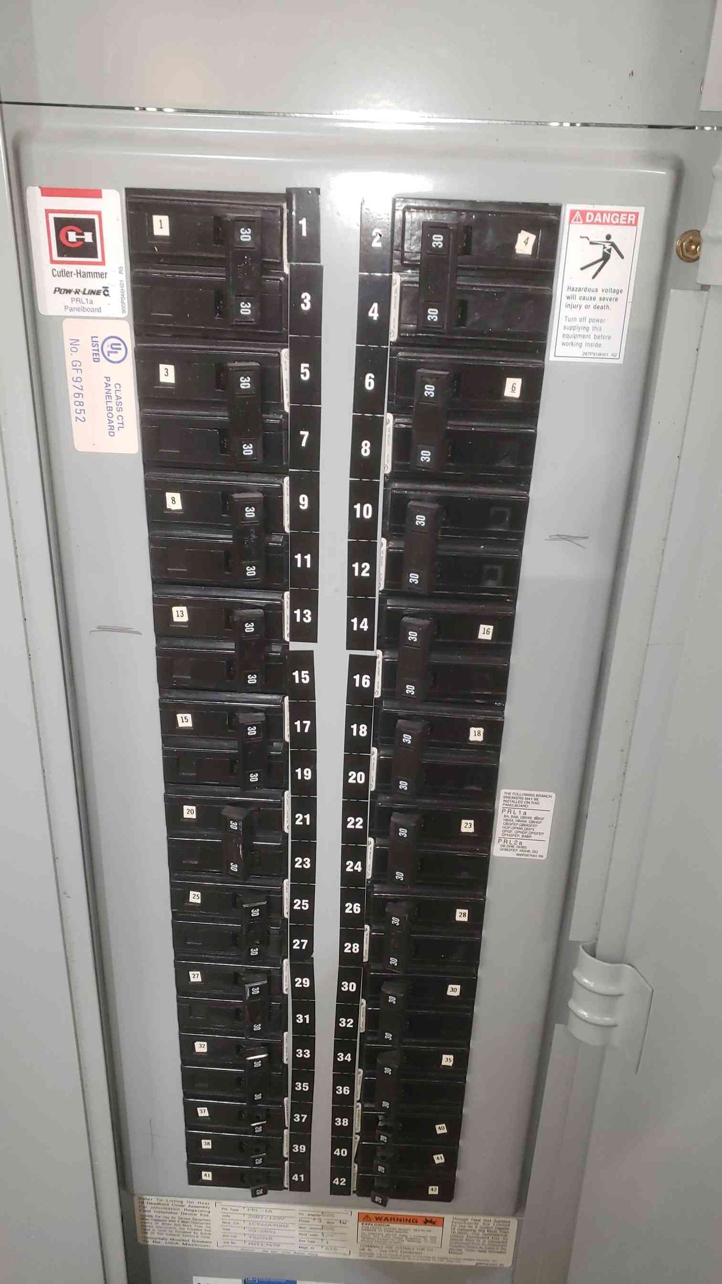 Cutler-Hammer PRL-1a 225A 120/208V 3PH Panelboard LOADED w/ 42 Bolt-On Breakers (SKU: 112518)