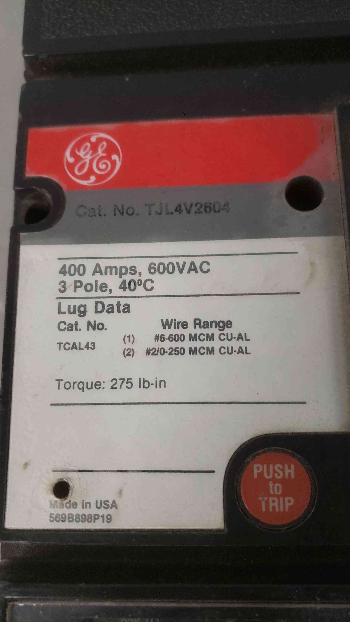 GE 400A 600VAC 3 Pole High IC Circuit Breaker TJL4V2604 (SKU: 112534)