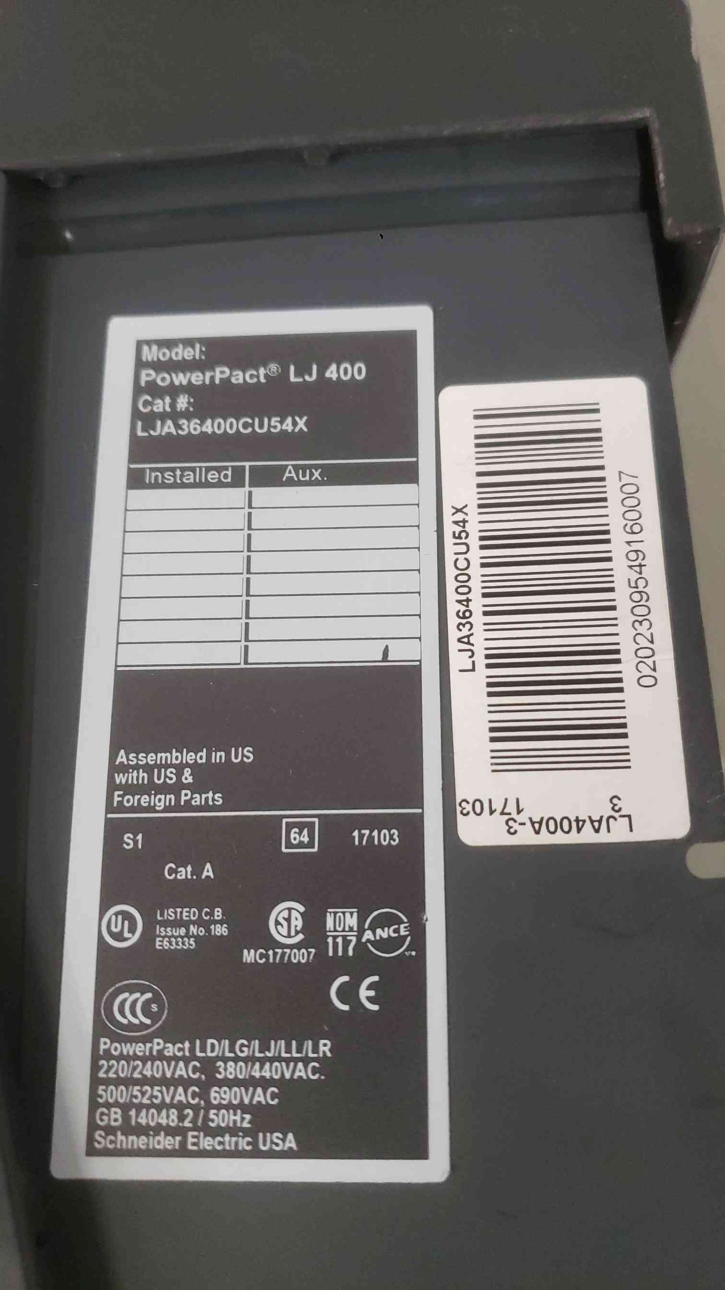 Square D 400A 600VAC 3 Pole Breaker LJA36400CU54X I-Line Bad Trip (SKU: 112536)