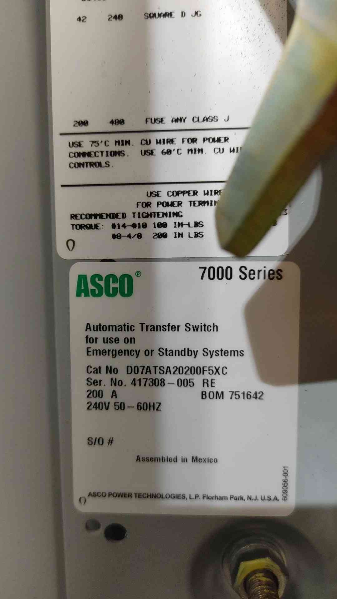 NEW 200A ASCO 7000 Series 240V 1PH Transfer Switch D07ATSA20200F5XC ATS (SKU: 112538)