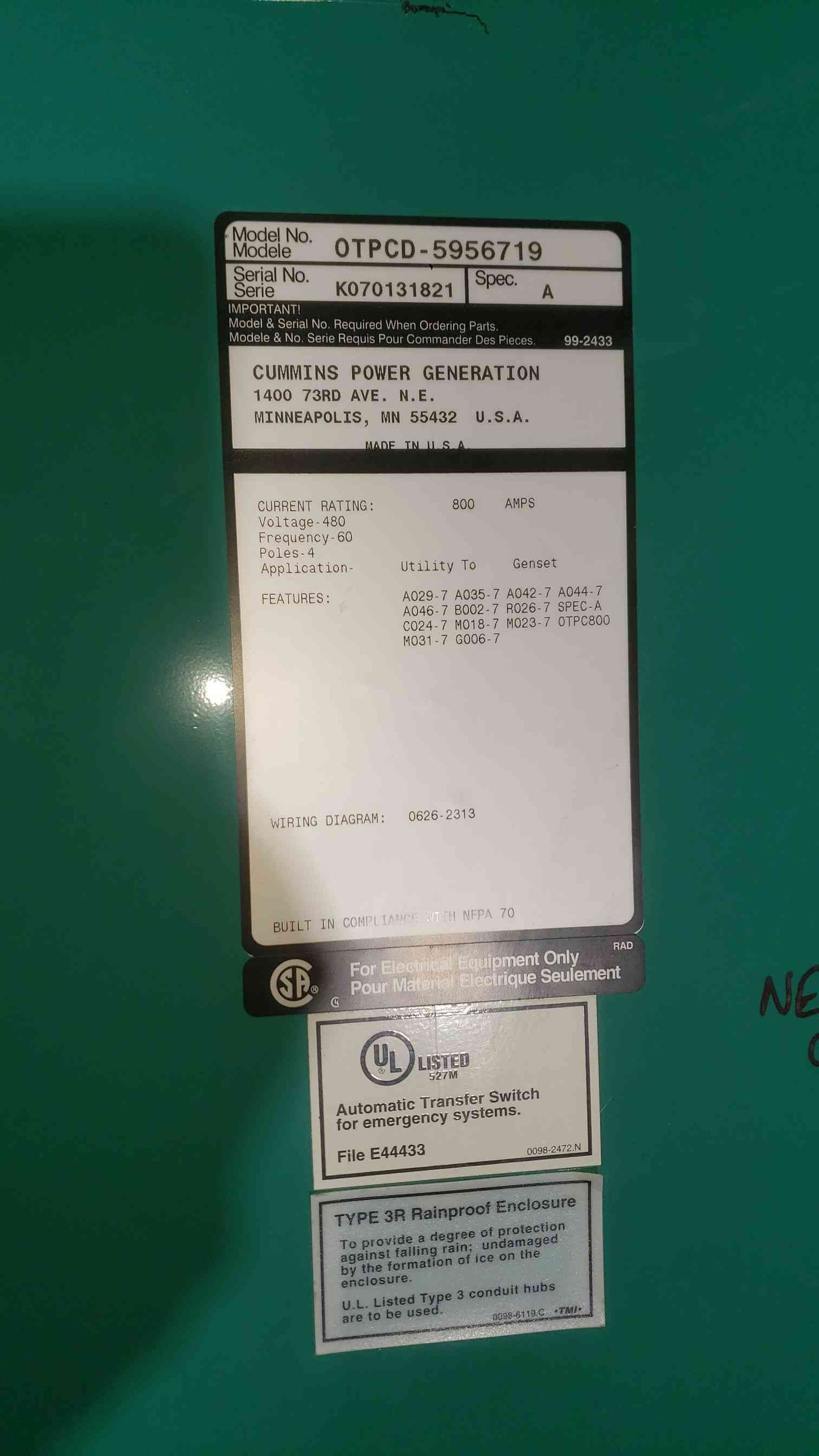 Cummins 800A 480V ATS Transfer Switch OTPCD-5956719 (SKU: 112549)