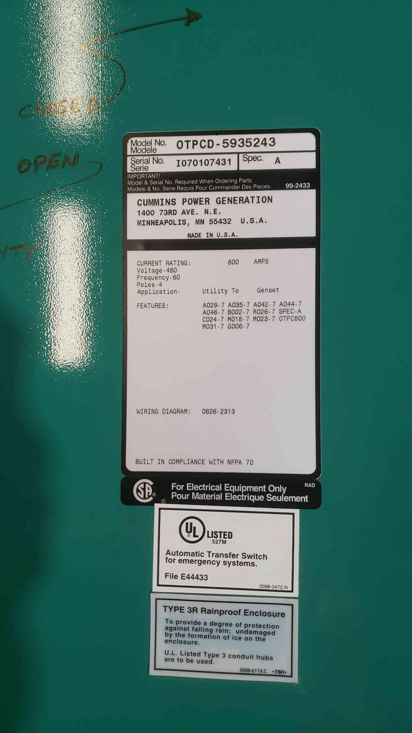 Cummins 800A 480V ATS Transfer Switch OTPCD 5935243 (SKU: 112551)