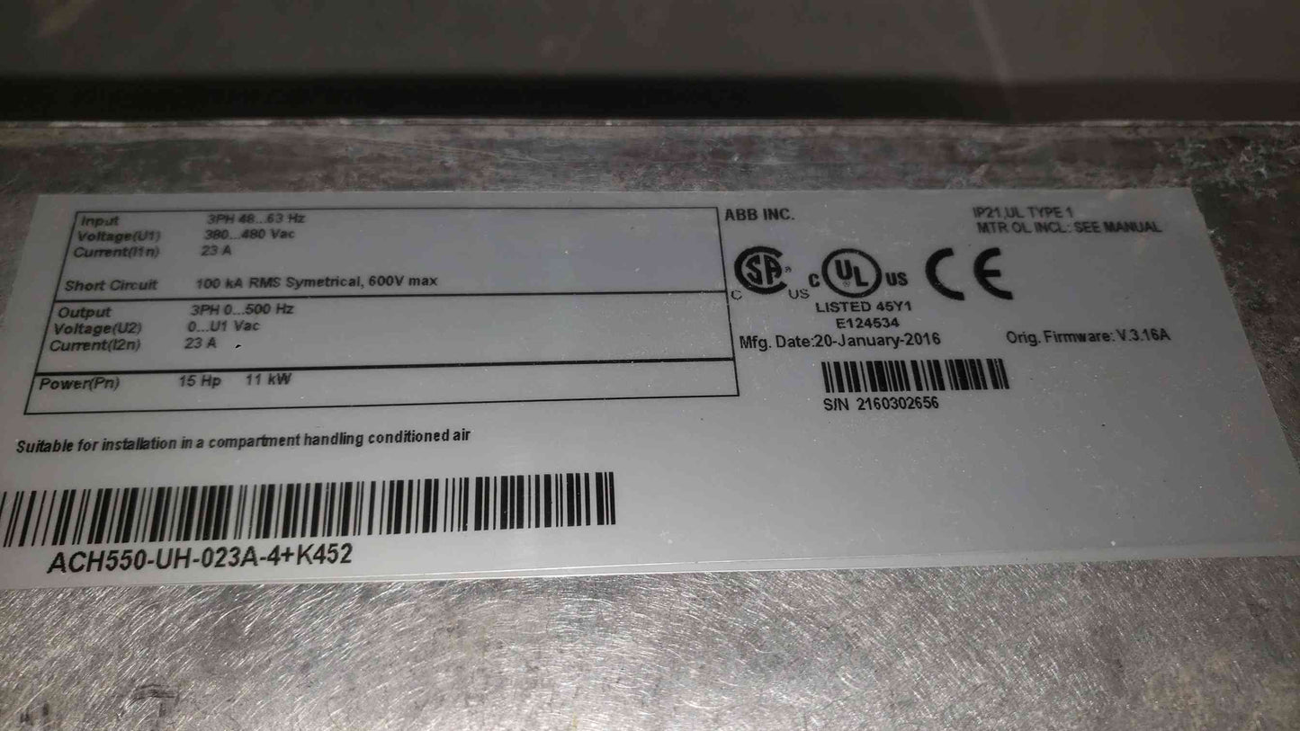 ABB 15HP 3PH VFD Drive ACH550-UH-023A-4+K452 (SKU: 112607)