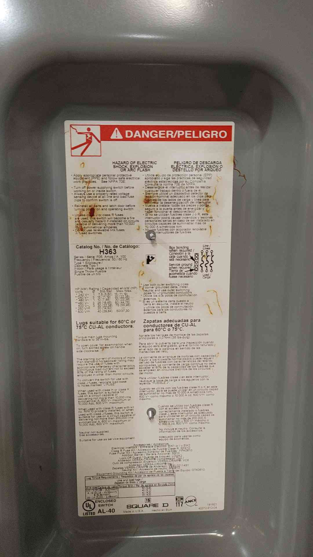 Square D 100A 600V Heavy Duty Safety Switch H363(SKU: 112663)