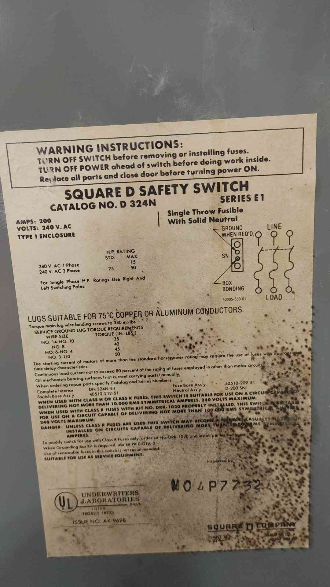 Square D 200A 240V 1-3PH Safety Switch 324N(SKU: 112664)