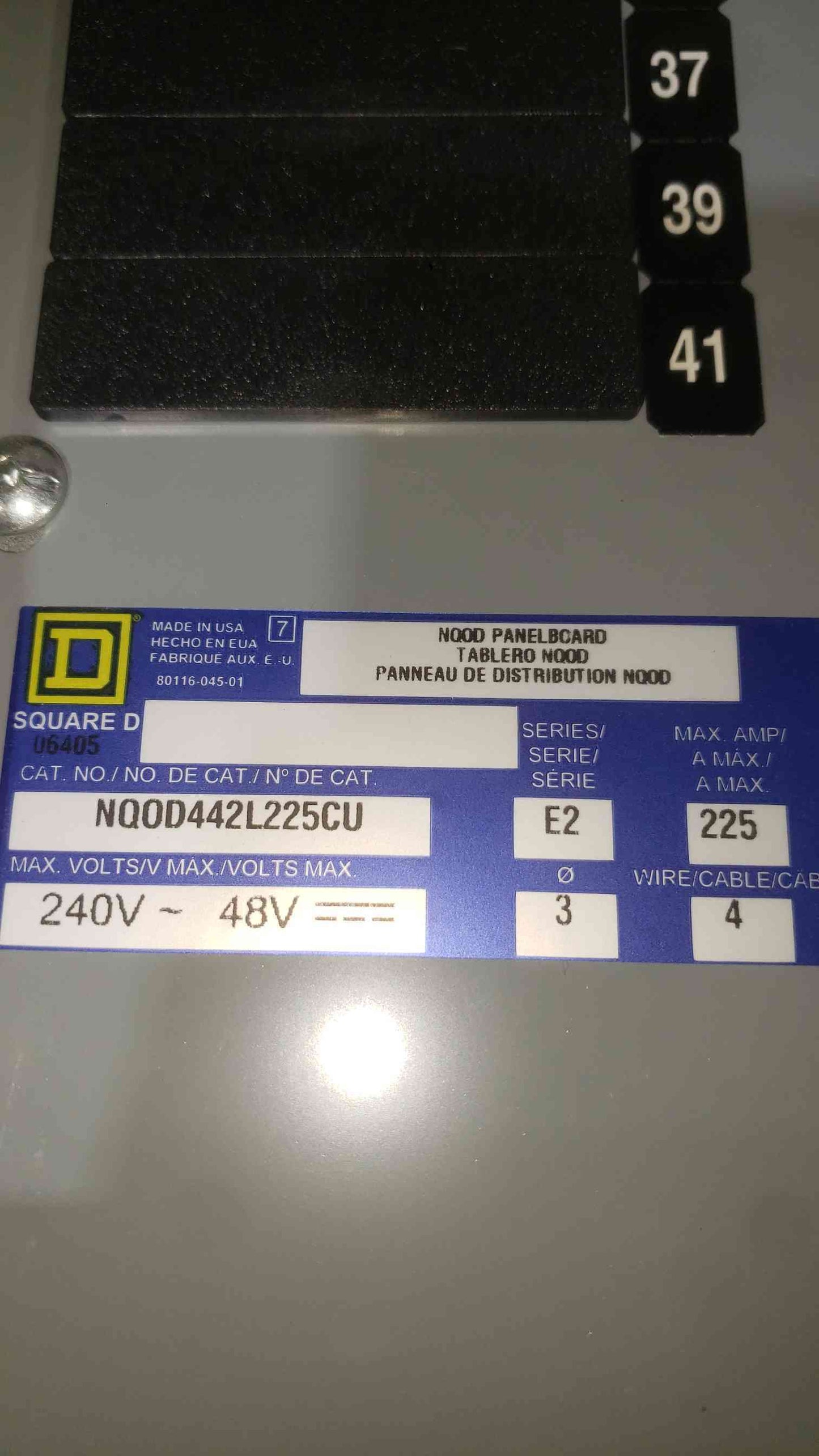 Square D 225A 240V~ 3PH 4W Panelboard NQOD442L225CU (SKU: 112705)