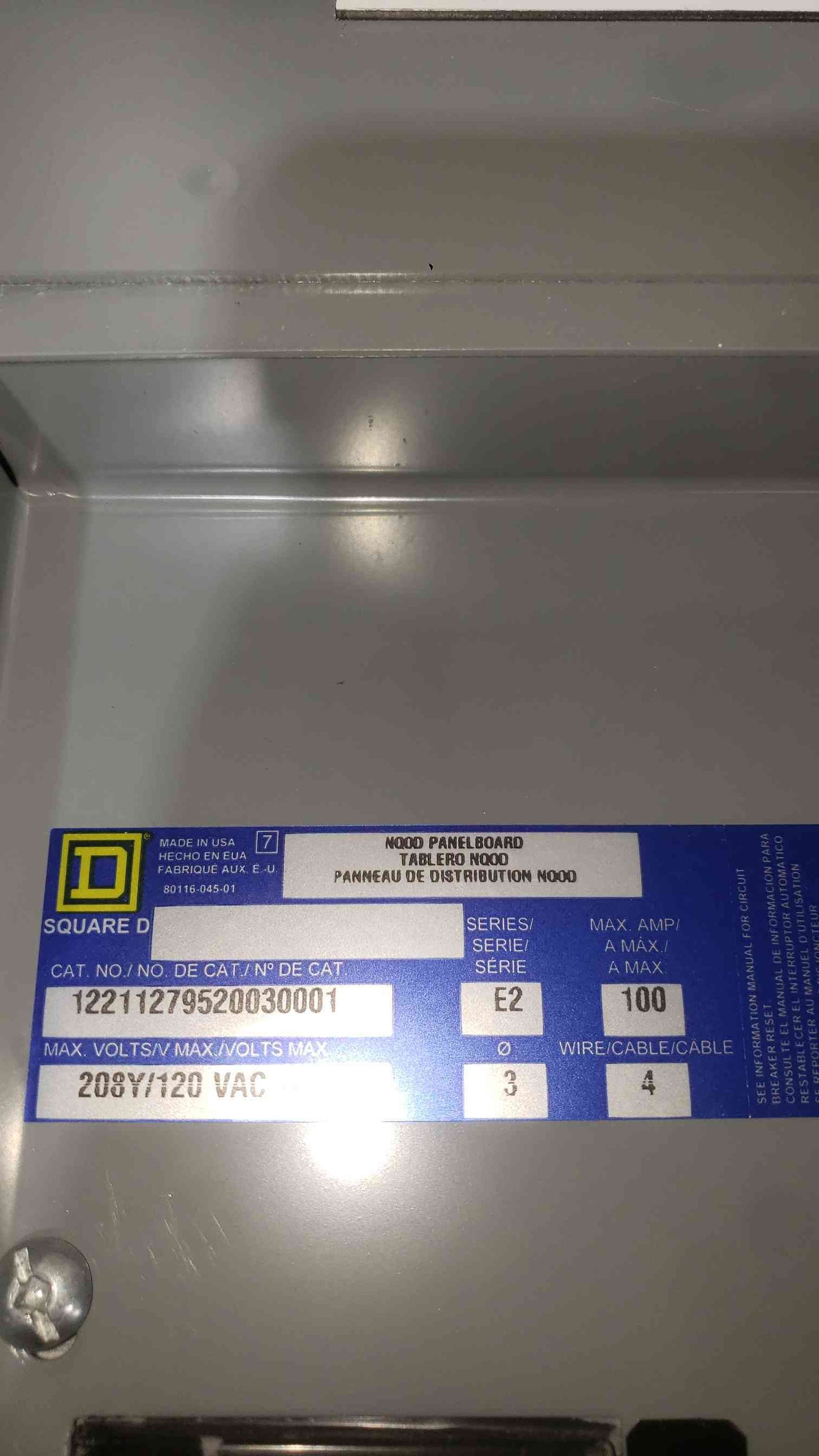 Square D 100A 208Y/120 3PH 4W Panelboard NQOD (SKU: 112709)