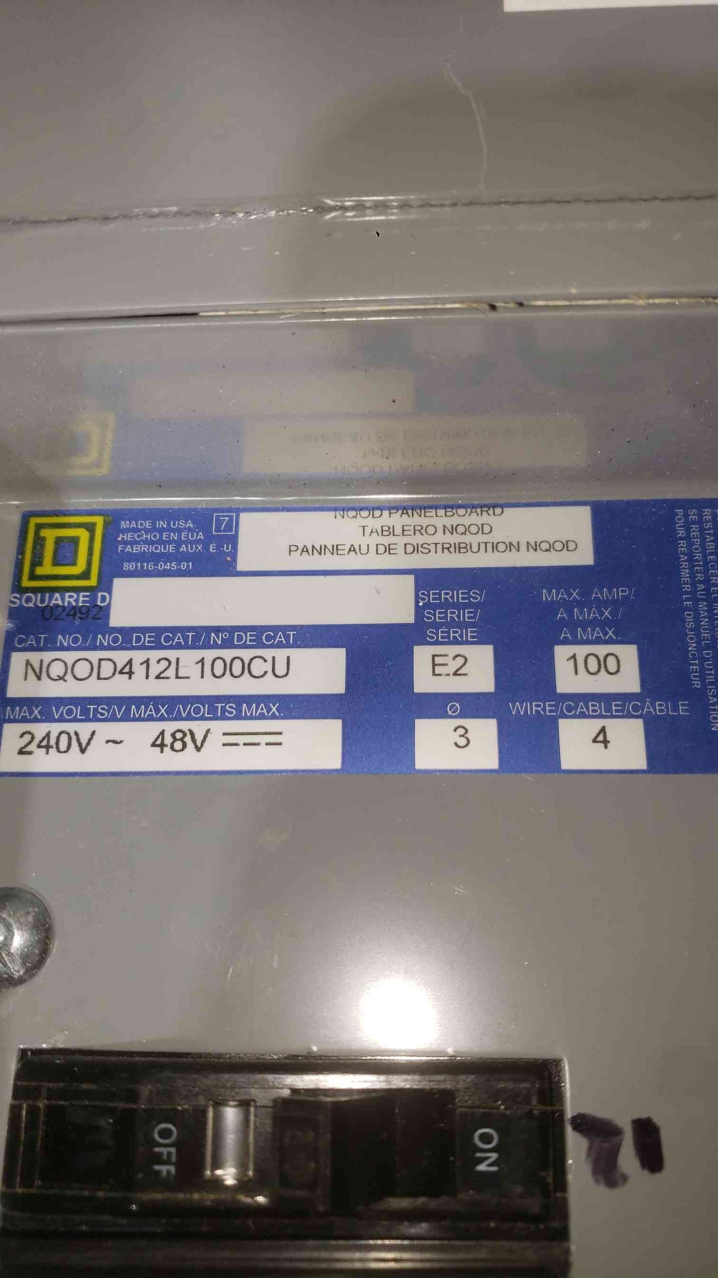Square D 100A 240V~ 3PH 4W Panelboard NQOD412L100CU (SKU: 112698)
