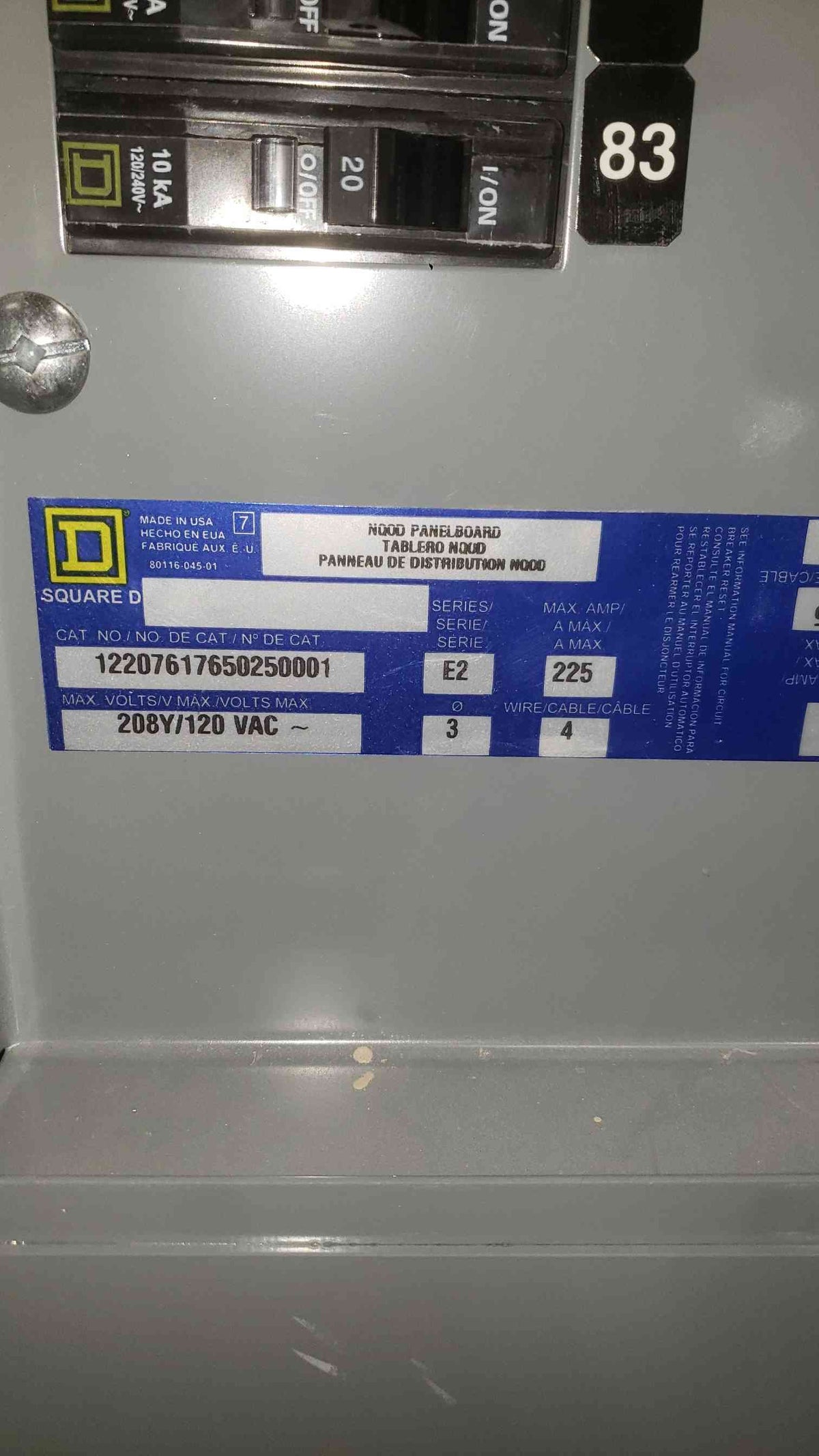 Square D 225A 208Y/120VAC 3PH 4W Panelboard (SKU: 112700)