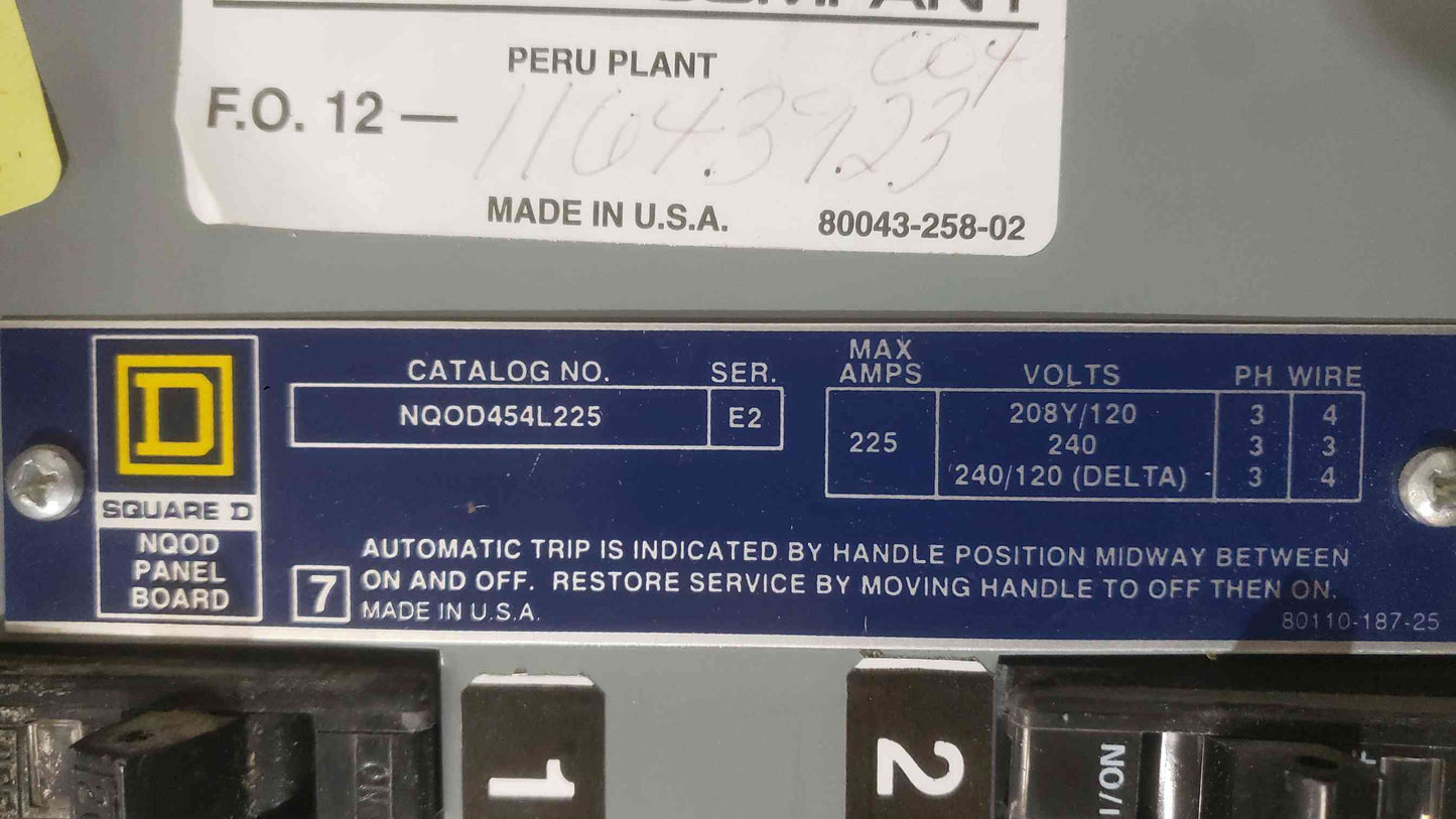 Square D 225A 208Y/120 3PH 4W 42-Pole Panelboard w/ main (SKU: 112719)