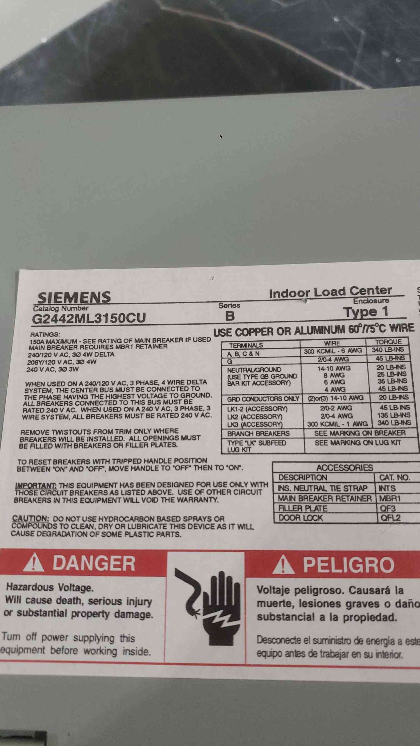 Siemens 150A 3PH Load Center COPPER BUS 24-Space MLO Loaded w/ 24 QP Breakers (SKU: 112728)
