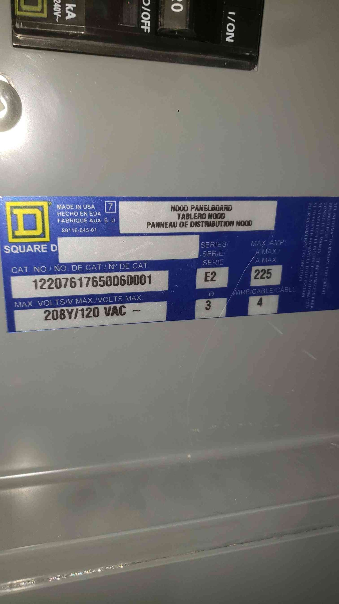 Square D NQOD 225A Panelboard 208Y/120V 3-Phase 4-Wire NEMA 1 Loaded w/ QO Breakers(SKU: 112787)