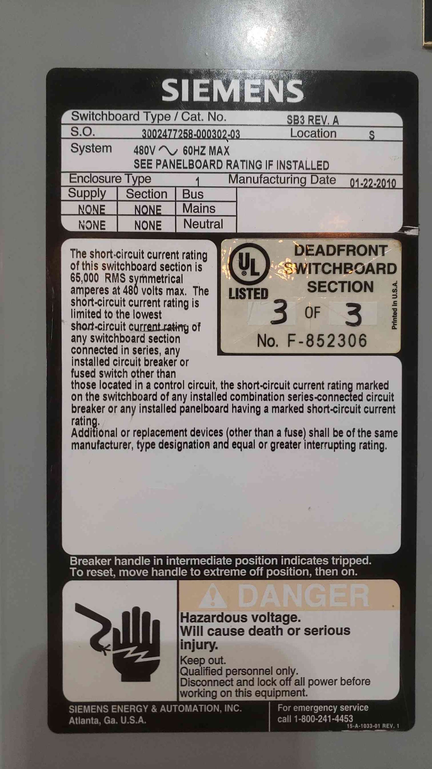 Siemens SB3 480V 3PH Switchboard 45kVA Transformer P1 Panelboard NGB Breakers (SKU: 112758)
