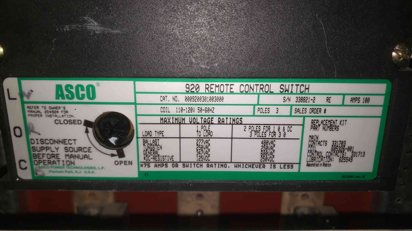 Gould I-T-E 100A Panelboard 208Y/120V 3PH 4W with ASCO 920 100 Amp Remote Control Switch & BQ Breakers (SKU: 112767)