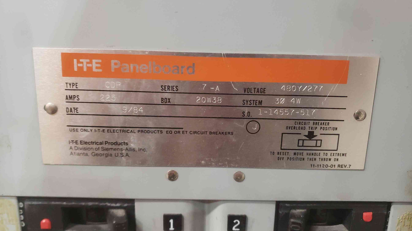 I-T-E Siemens CDP Panelboard 225A 480Y/277V 3PH 4W Series 7-A w/ Breakers 225 Amp (SKU: 112768)