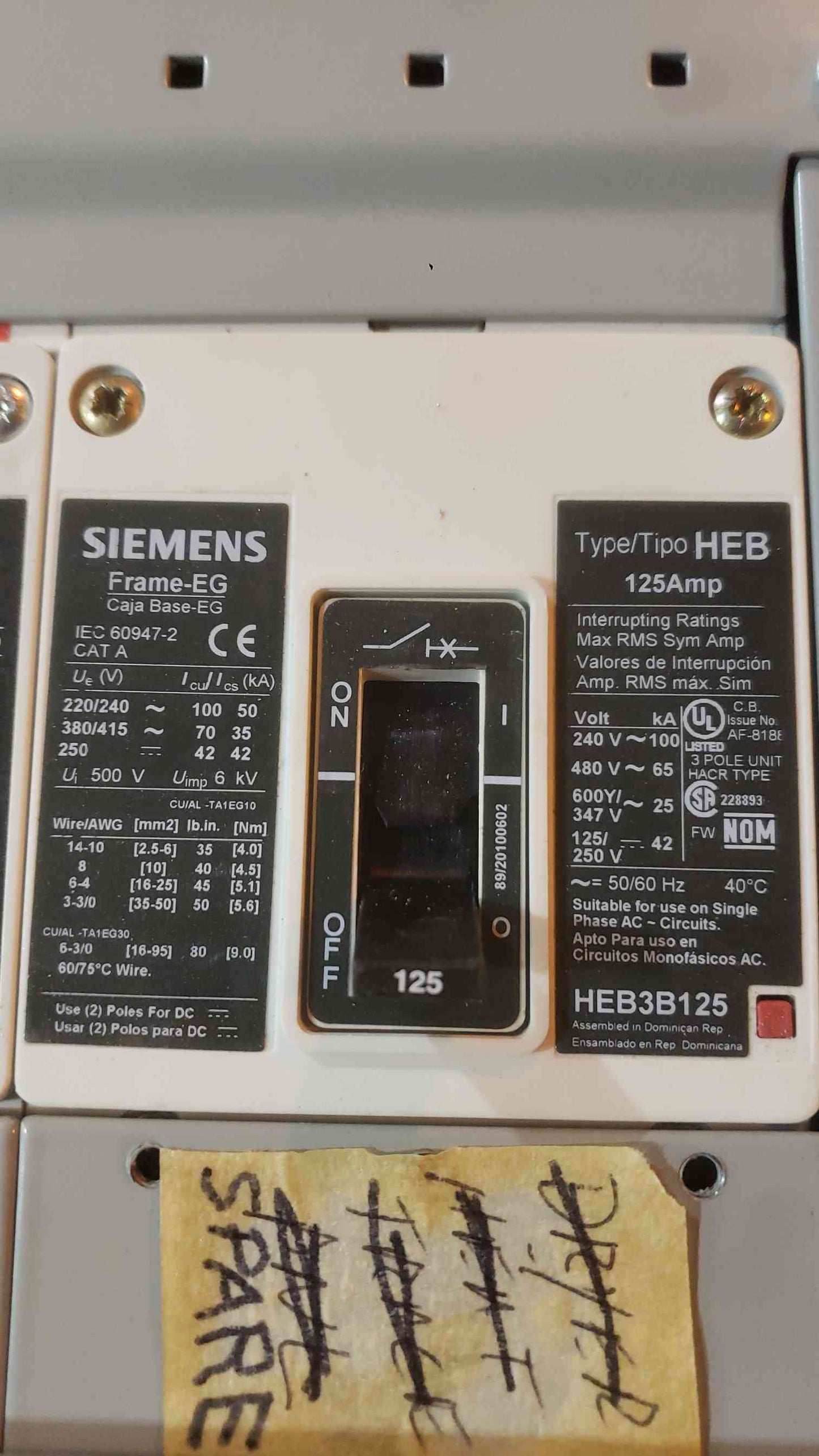 Siemens P3 Panelboard 250A 480V 3PH 3W P3F56ML250ABS w/ HEB3B125 HEB3B020 Breakers (SKU: 112766)