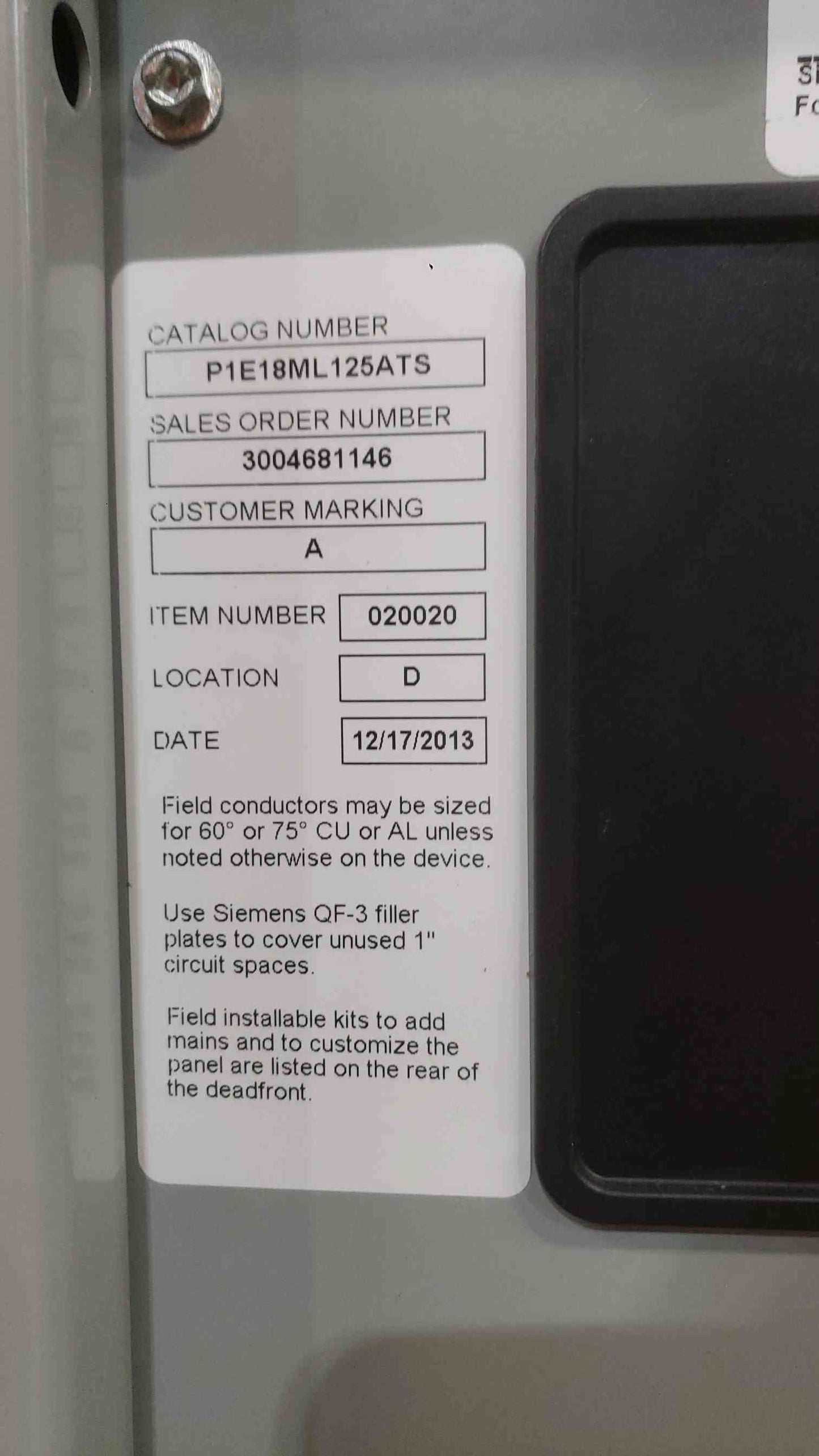 Siemens P1E18ML125ATS P1 Panelboard 480Y/277V 3PH 125A 18-Circuit Main Lug 3-Pole BQD (SKU: 112788)
