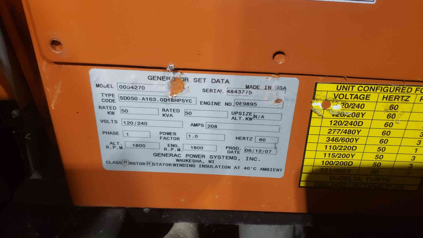 50KW Generac John Deere 5030 Generator 1PH SD050 391 Hrs TESTED & VIDEO (SKU: 112843)