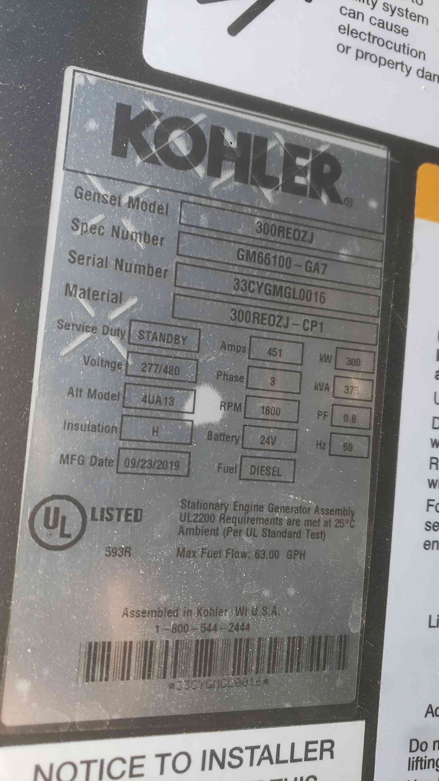 Tier 3 Kohler 300REOZJ 300kW Diesel Generator 126 Hours 2019 TESTED & VIDEO (SKU: 112872)