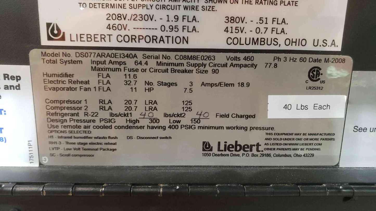 Liebert DS077ARA0EI340A Precision Cooling CRAC Unit 22-Ton Data Center AC 460V 3-Phase (SKU: 113035)