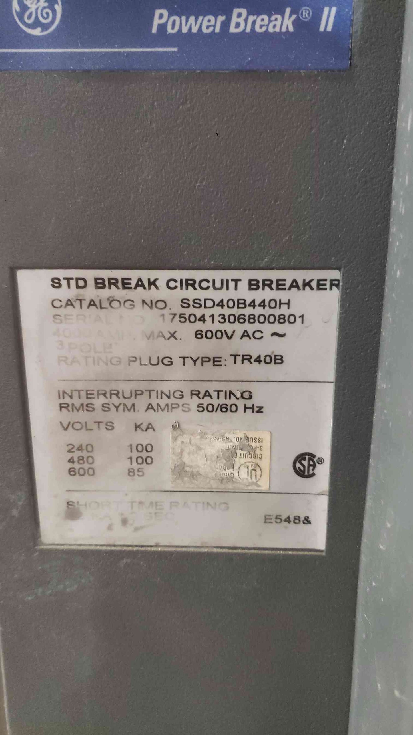GE Power Break II SSD40B440H 4000A 3-Pole 600V Insulated Case Circuit Breaker in Switchboard Section (SKU: 113121)