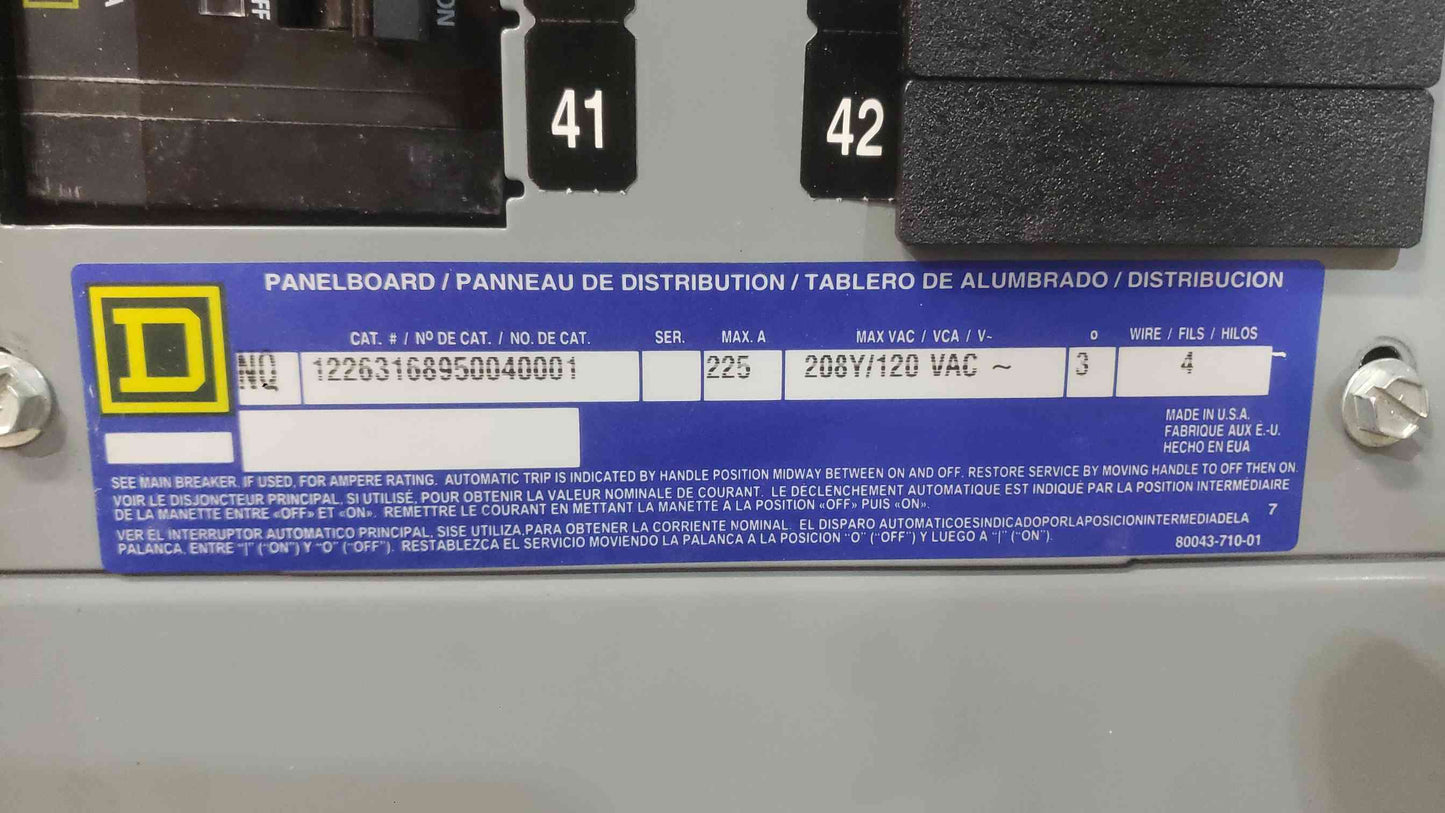 Square D NQ Panelboard 225A 120/208V 3-Phase 42-Circuit MLO w/ 23 QO120 & QO360 (SKU: 113106)