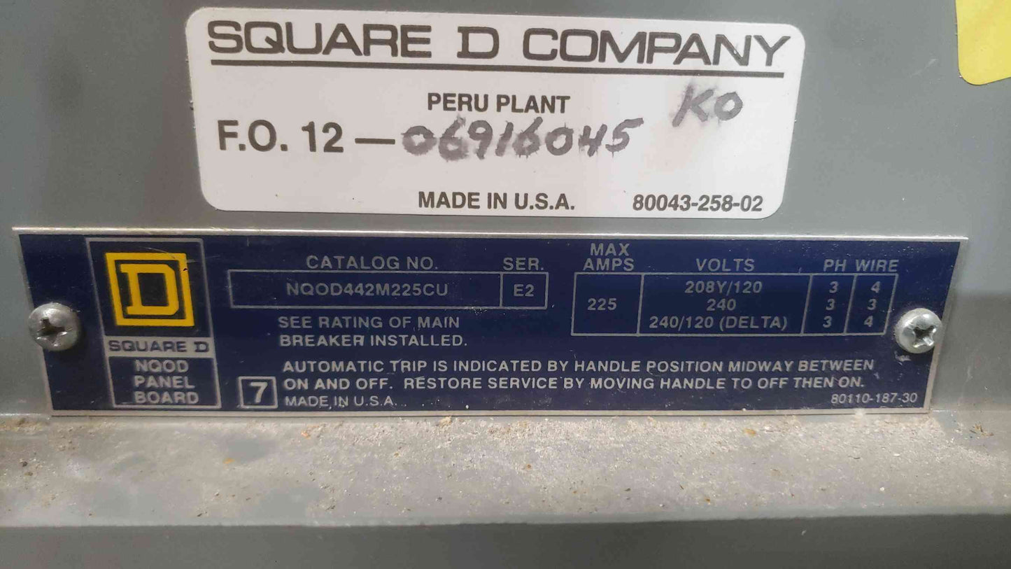 Square D NQOD Panelboard 225A 208Y/120V 3-Phase 42-Circuit Copper Bus w/ QJL 225A Main & 38 QO Breakers (SKU: 113109)