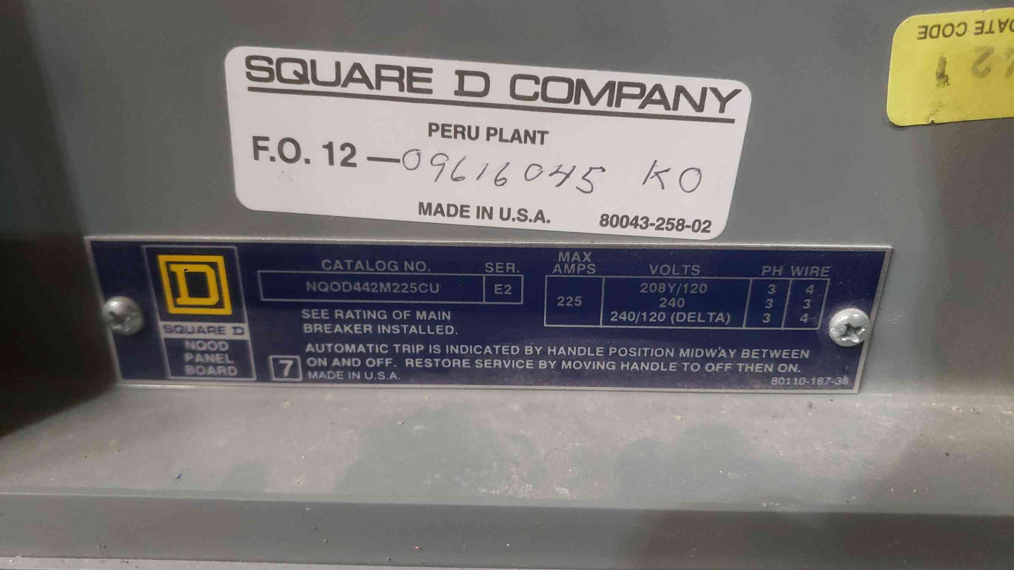 Square D NQOD 225A Panelboard 120/208V 3-Phase 42-Circuit Copper Bus QJL36225 Main (SKU: 113110)