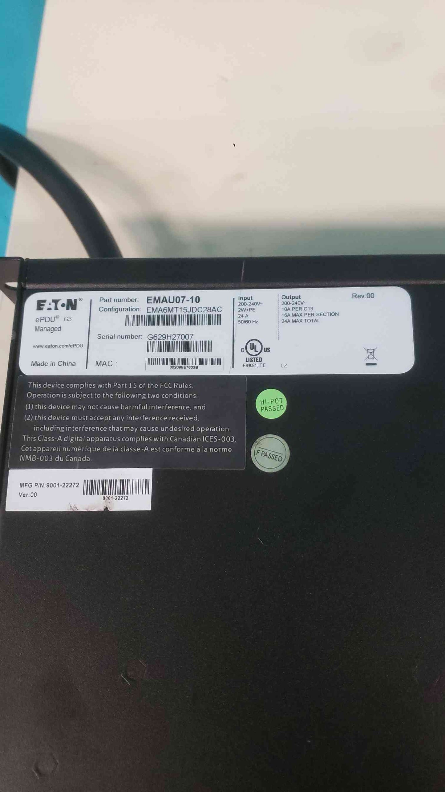 Eaton EMAU07-10 ePDU G3 Managed 0U 30A 208V-240V Outlet-Level Monitoring/Switching L6-30P