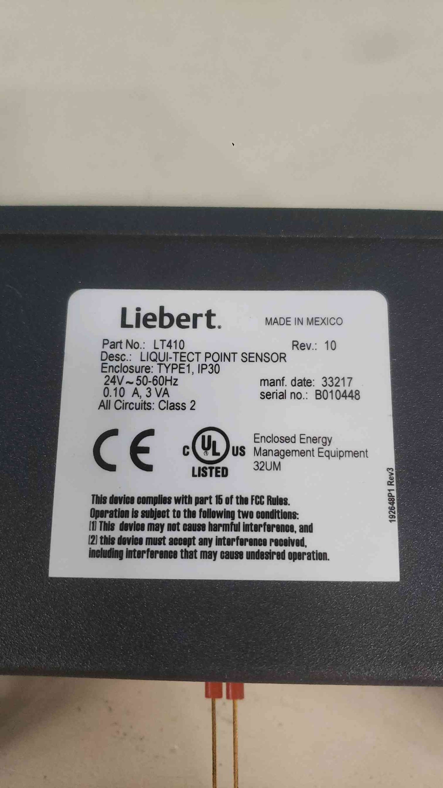 Vertiv Liebert LT410 Liqui-tect Point Leak Detection Sensor - 24V AC/DC Water Sensor (SKU: 113327)