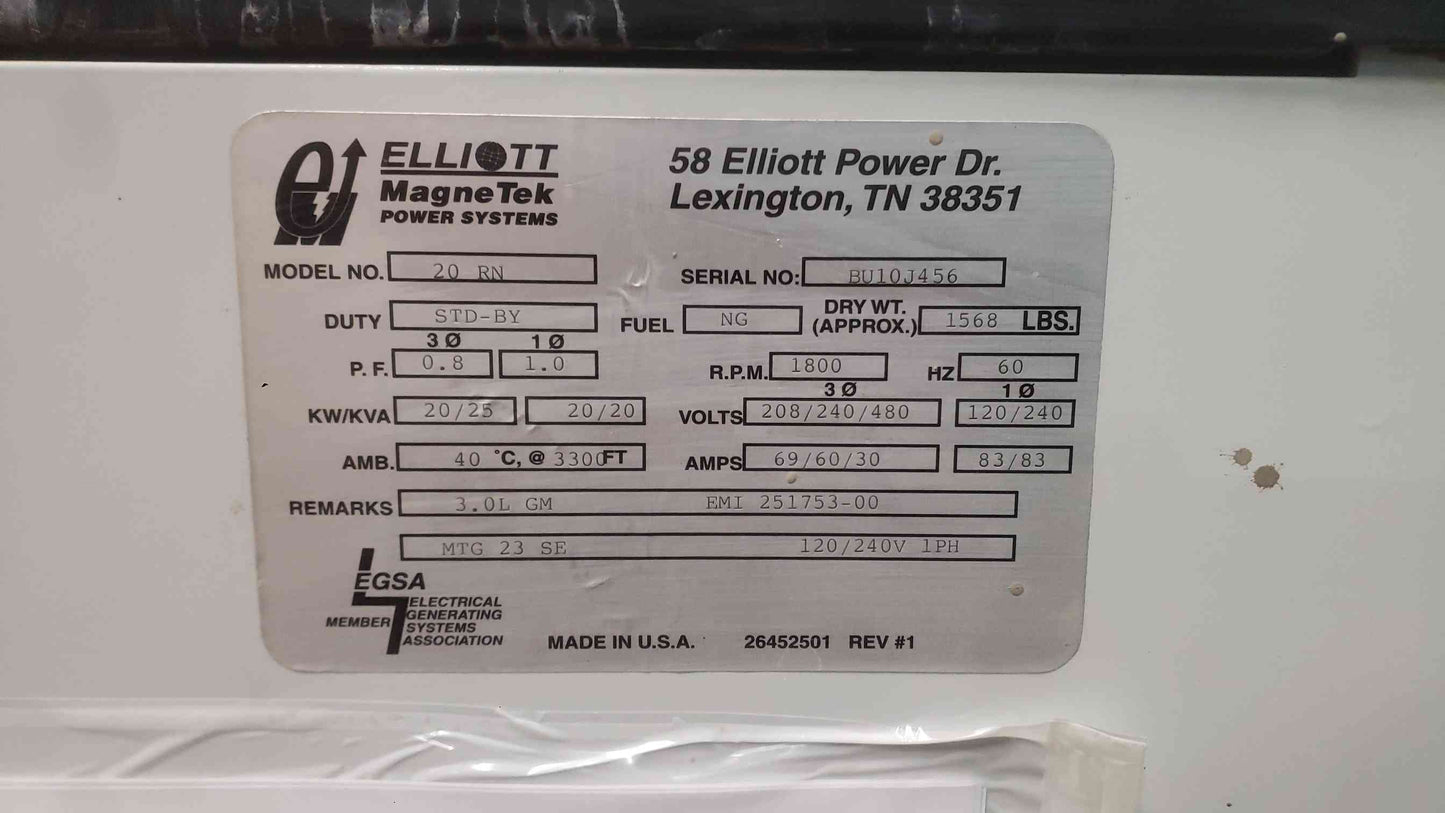 AS-IS 20KW Elliott MagneTek 20 RN 120/240V 1PH LP/NG 693 Hrs.(SKU: 113350)