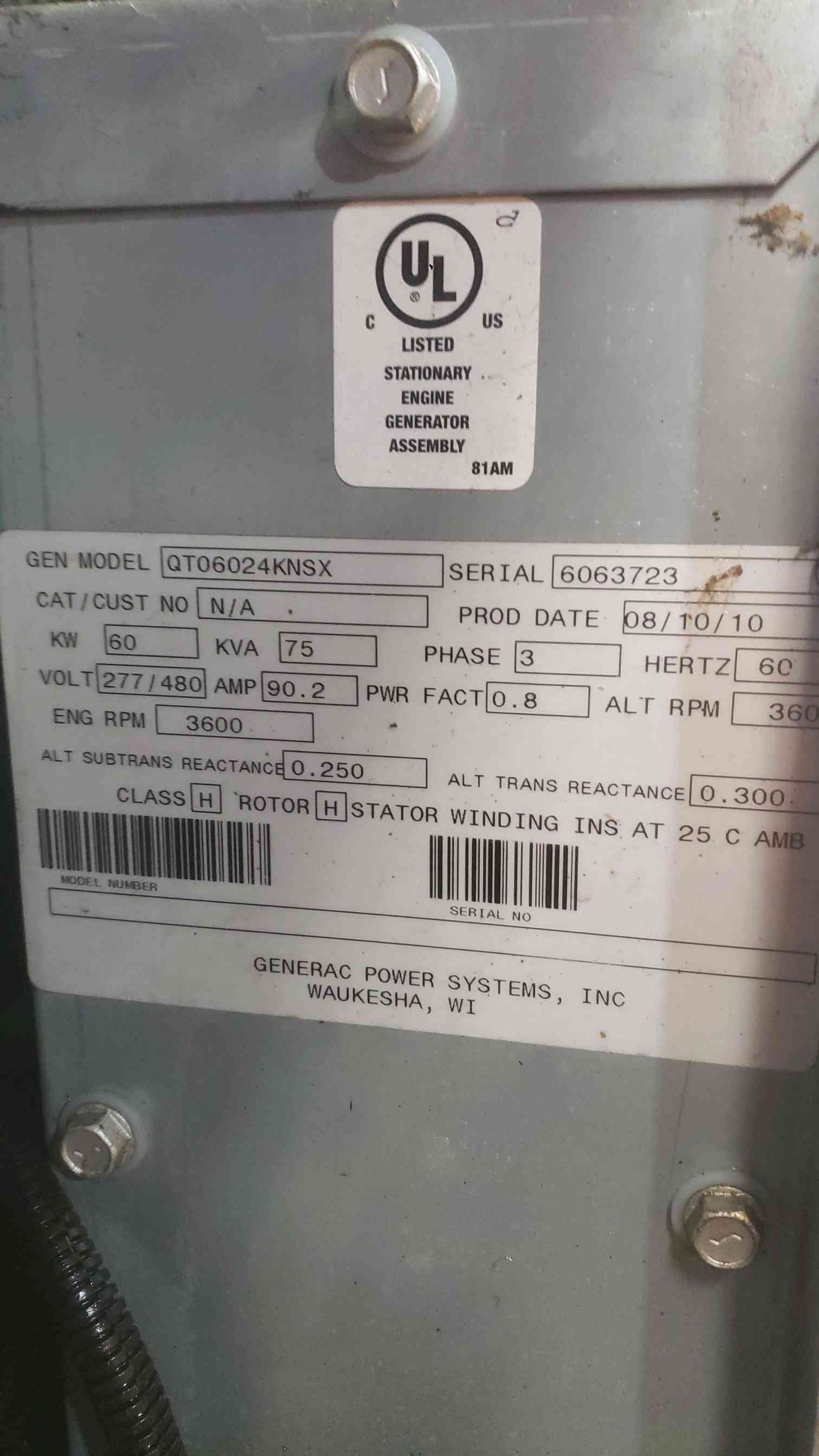 Generac 60kW Commercial Standby Generator 277/480V 3 Phase NG/LP Gas AS-IS QT06024KNSX(SKU:113363)