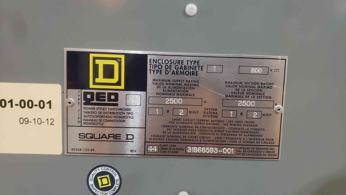 Square D QED 2500A 600V DC Switchboard Breaker Panel PCF362500DCA680 Type PCL