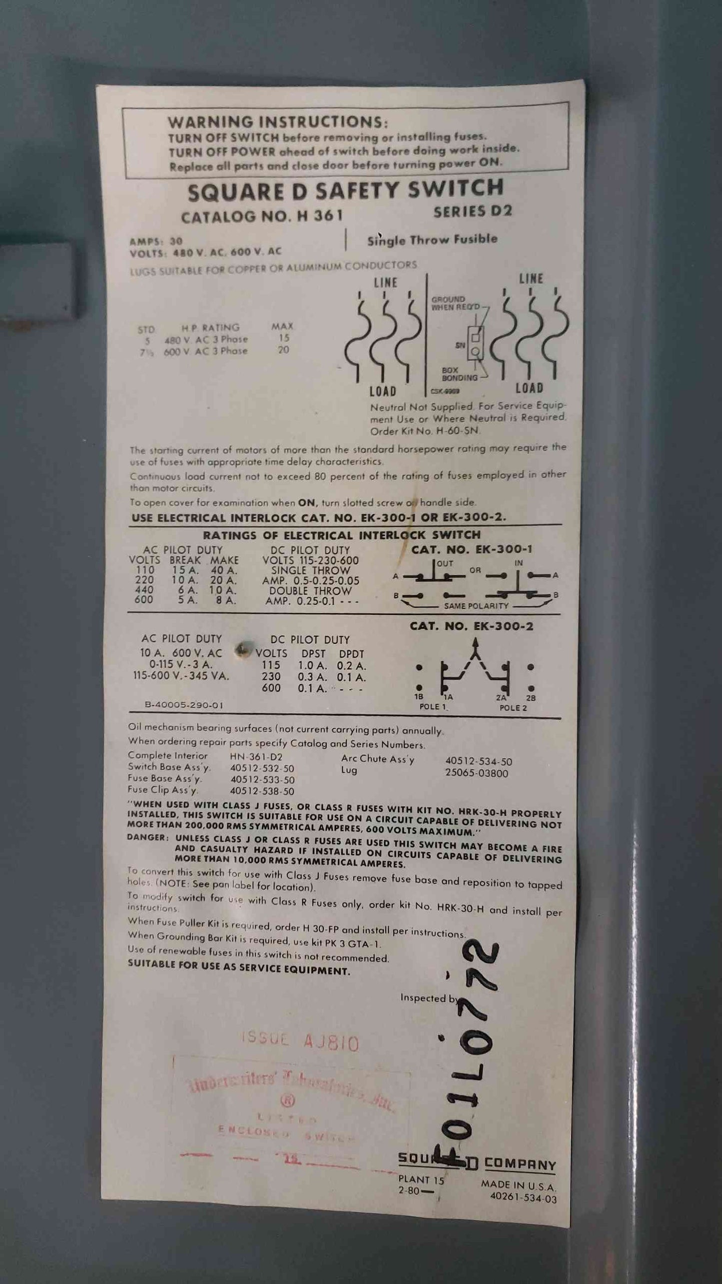Square D H361 30 Amp 3 Pole 600V Fused Safety Switch Disconnect H361 Series D2 (SKU: 113393)