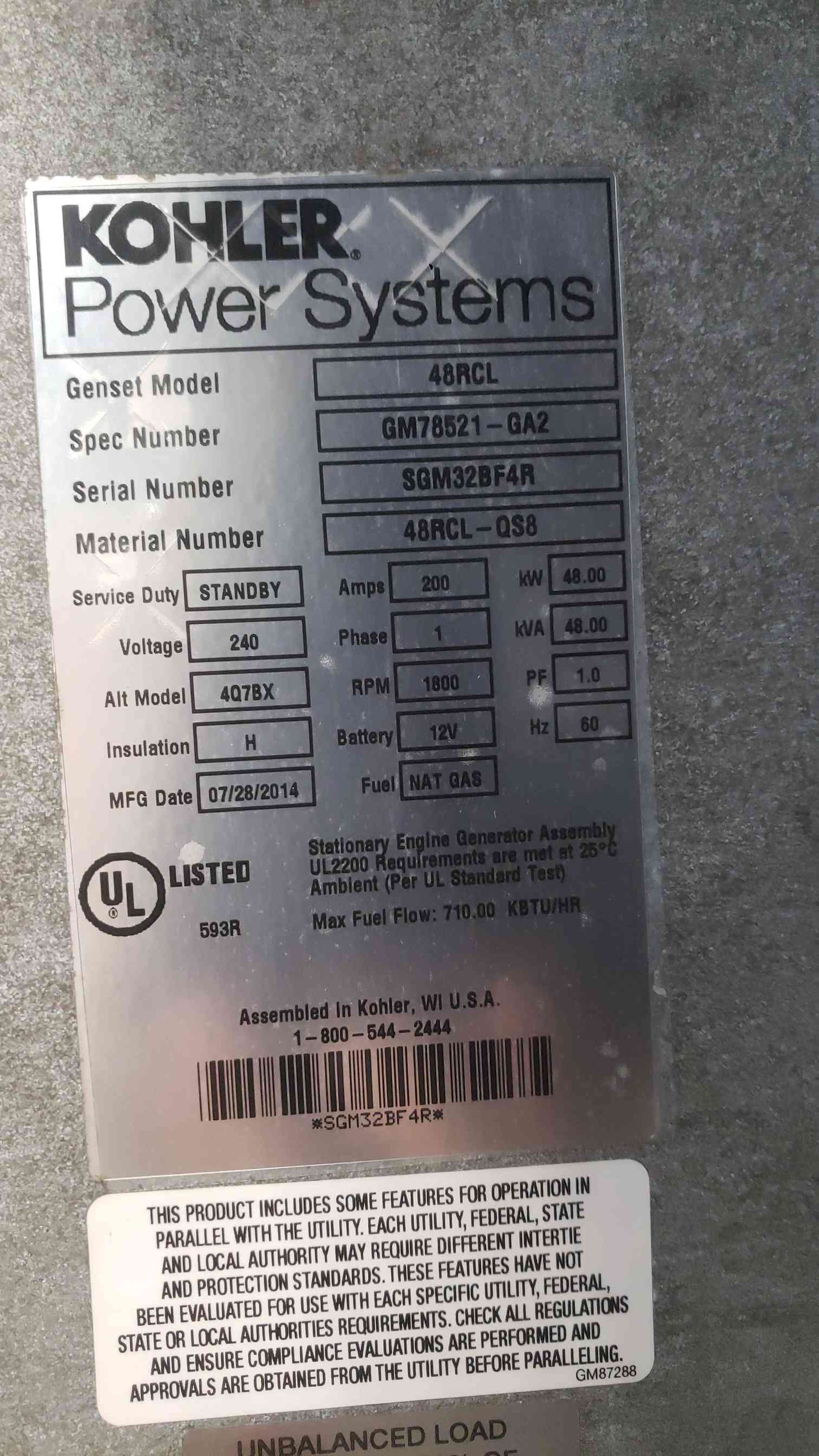 48KW Kohler 48RCL 240V 200A 1PH LP NG 212 Hrs. TESTED (SKU: 113495)