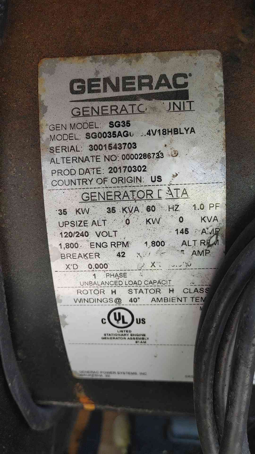 Generac 35KW 120/240V 1PH NG/LP Generator SG35 143Hrs TESTED (SKU: 113566)