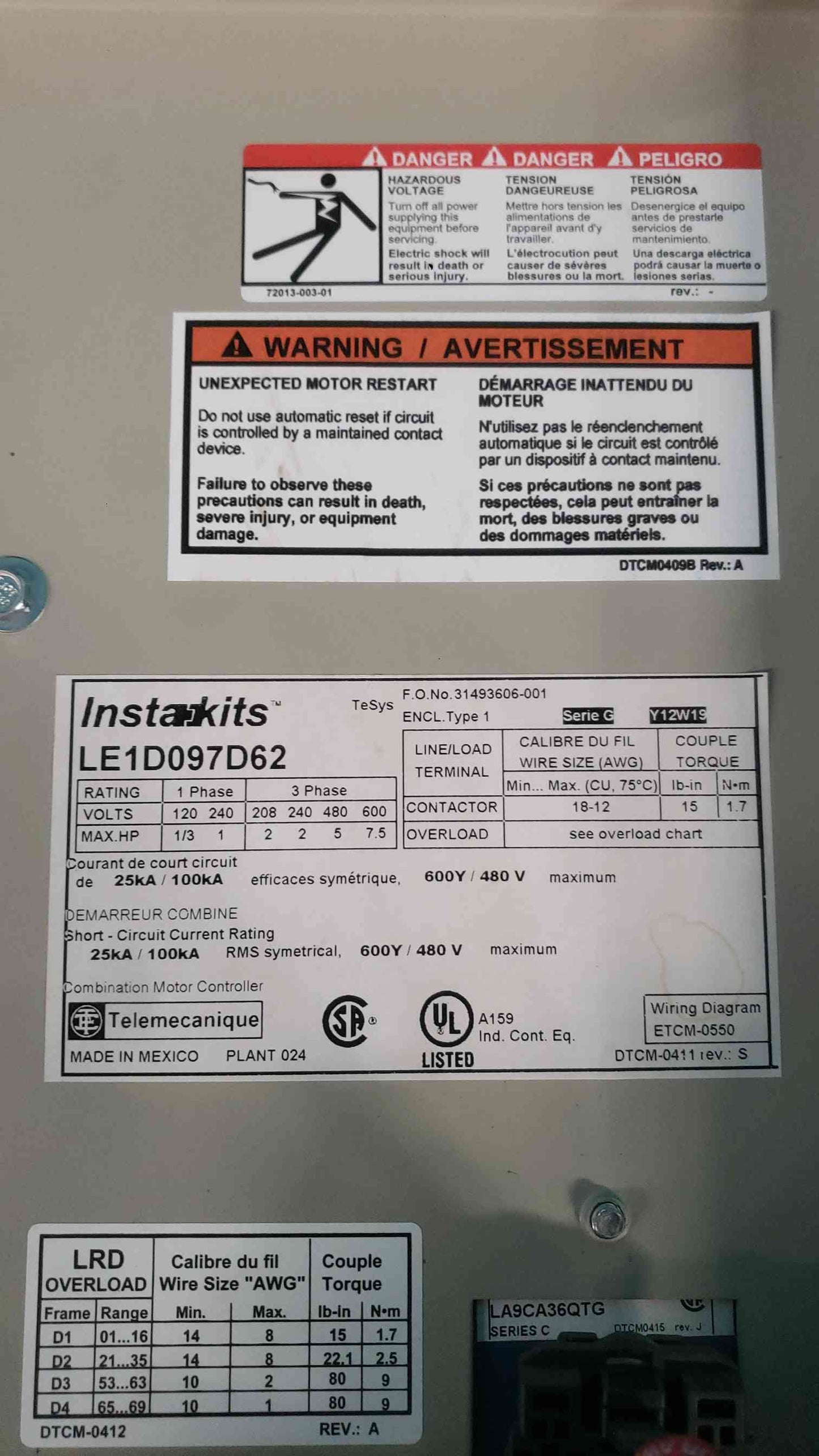 Telemecanique LE1D097D62 TeSys Instakits Combination Motor Starter 3ph 600V