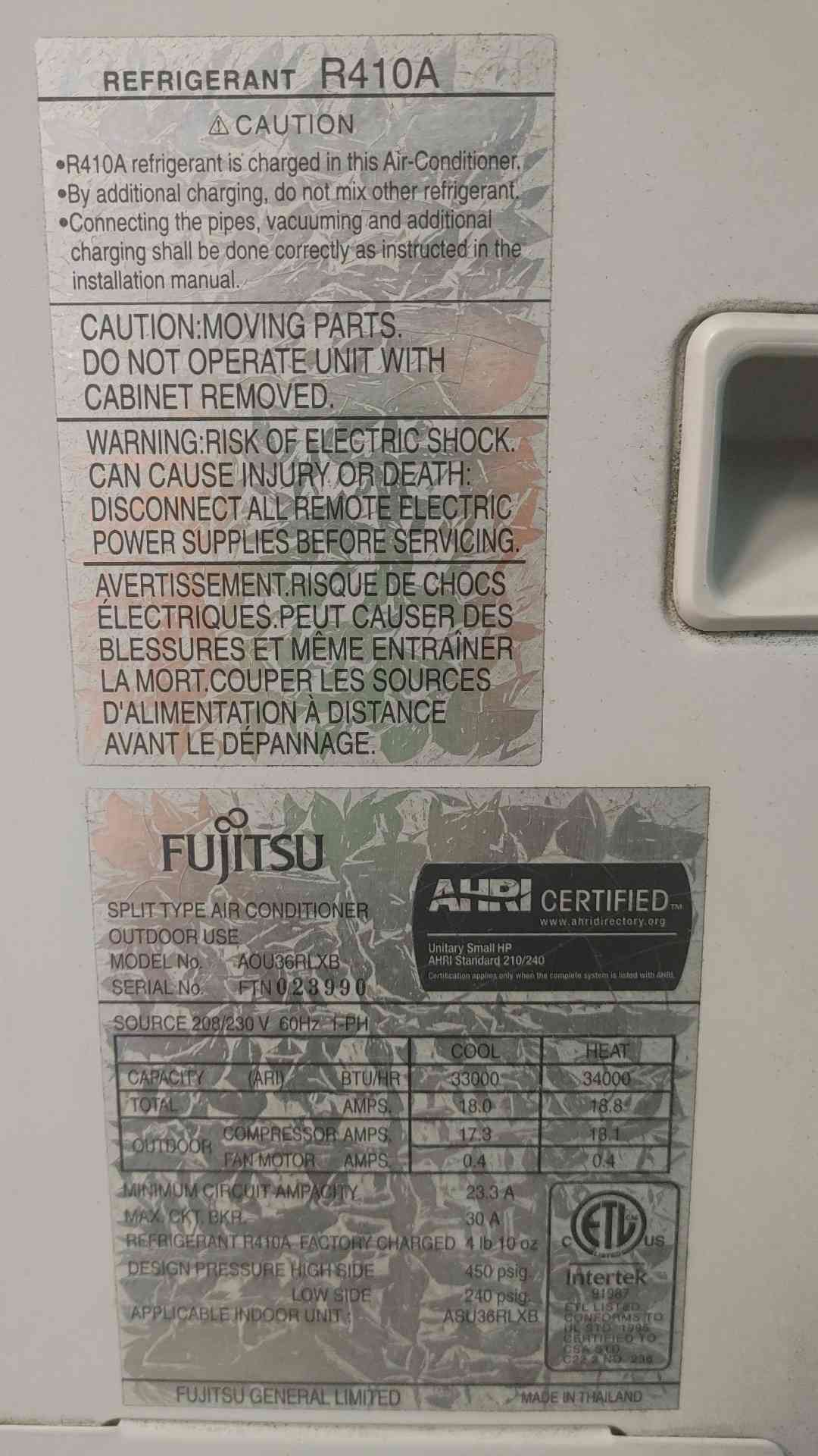 Fujitsu AOU36RLXB Halcyon Mini Split Heat Pump Outdoor AC Condenser 36k BTU 3 Ton