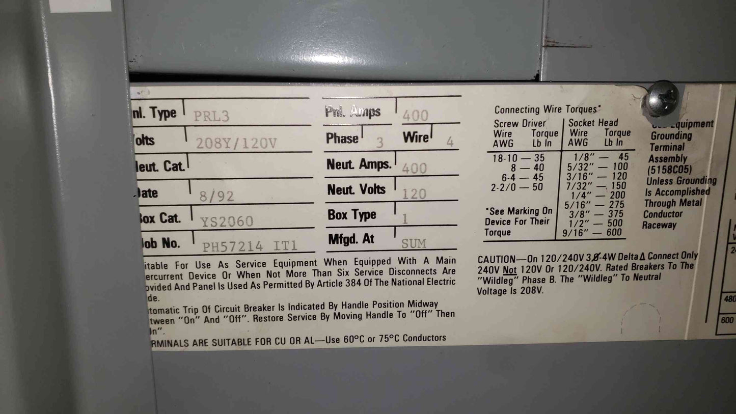 Eaton Westinghouse PRL3 400A Panelboard 208Y/120V 3PH with 400A 150A 100A Breakers