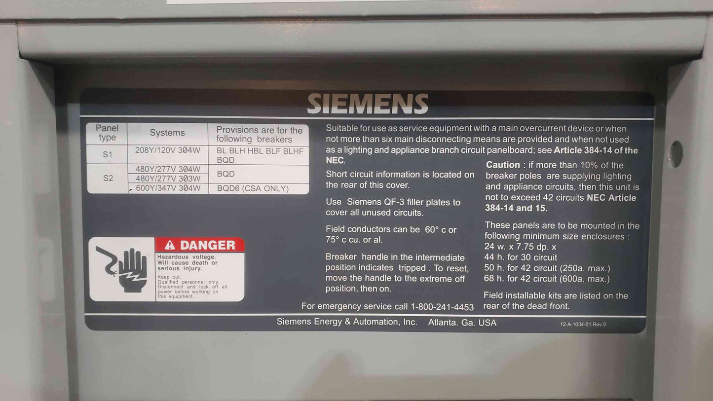 Siemens S1 225A 120/208V 3 Phase Panelboard 225A Main 100A & 35A 3-Pole Breakers