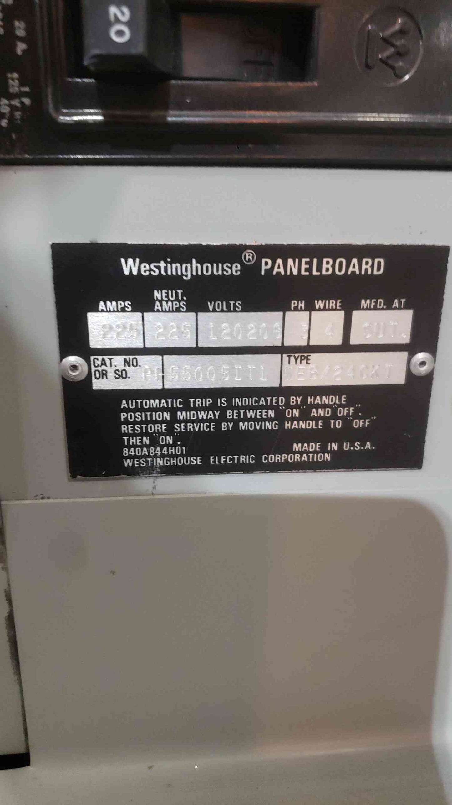 Westinghouse 225A 120/208V 3 Phase Panelboard Loaded With 20A Breakers 24 Circuit