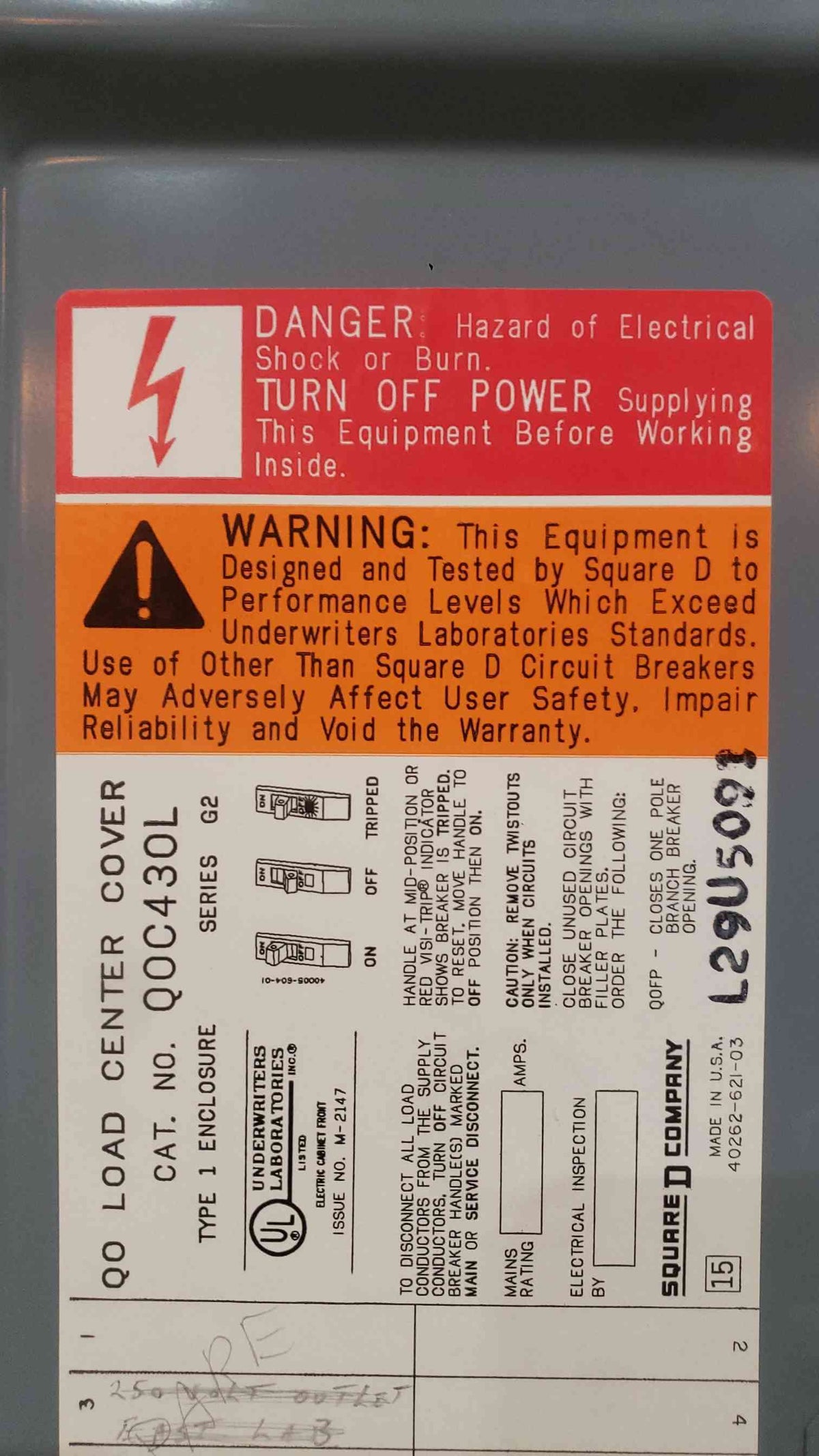 Square D QOC430L 100A 240V QO 30 Space Load Center Panel Interior Cover With 20A Breakers