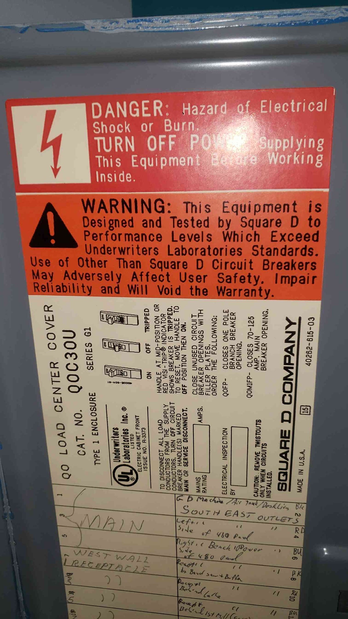 Square D QO 3 Phase Panelboard 100A Main Breaker 2x 20A 3-Pole QOC30U 120/208V Panel