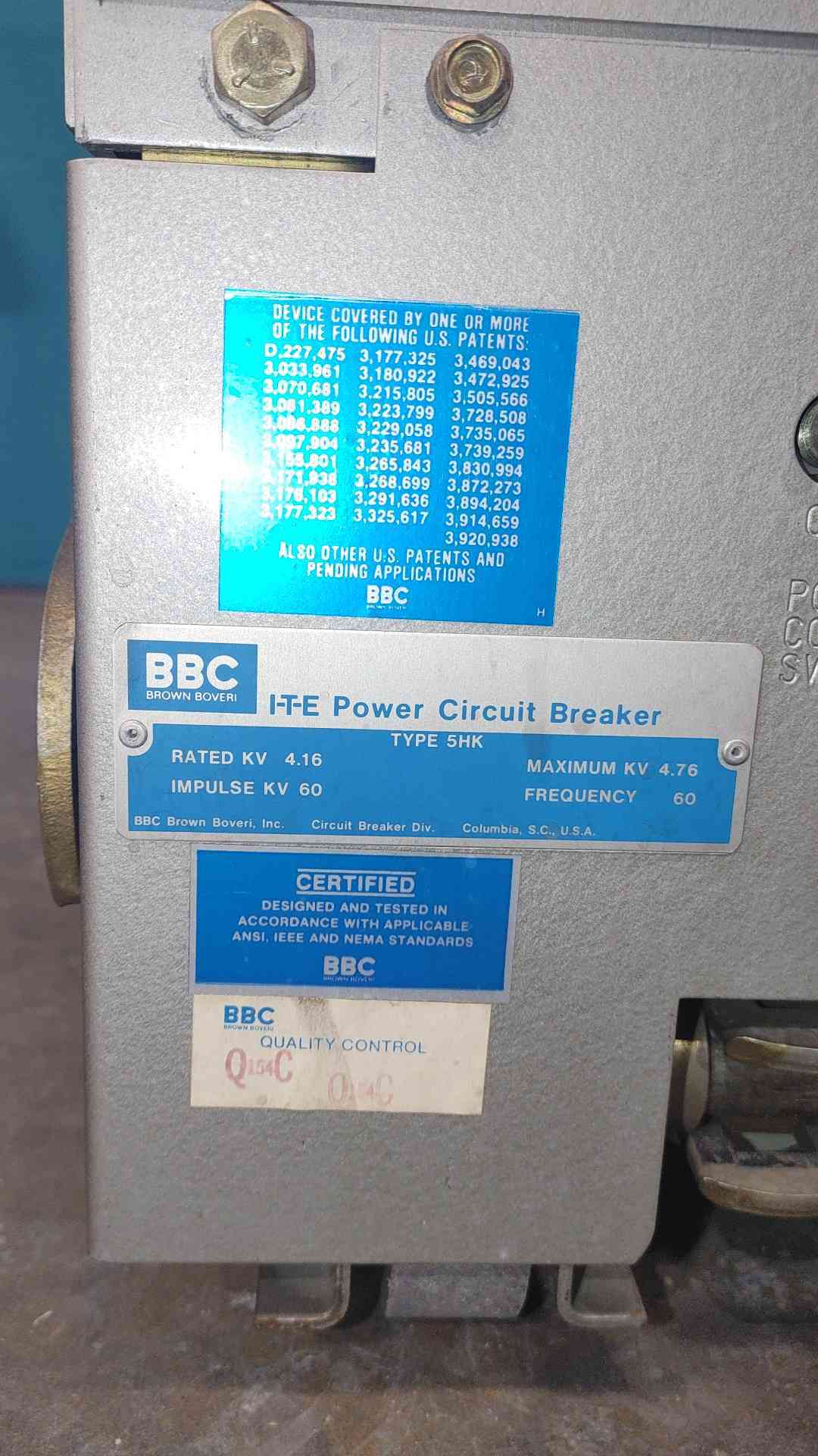 BBC ITE 5HK250 1200 Amp 5KV Power Circuit Breaker 5HK 250 MVA 125VDC Draw Out