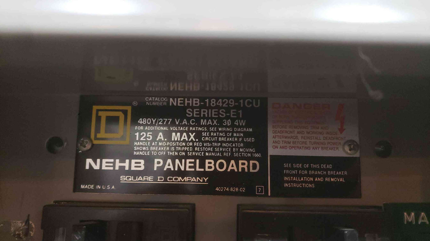 Square D NY1B 100A 480V 3ph 3 Wire Panelboard 8x 30A 3-Pole Breakers 100 Amp