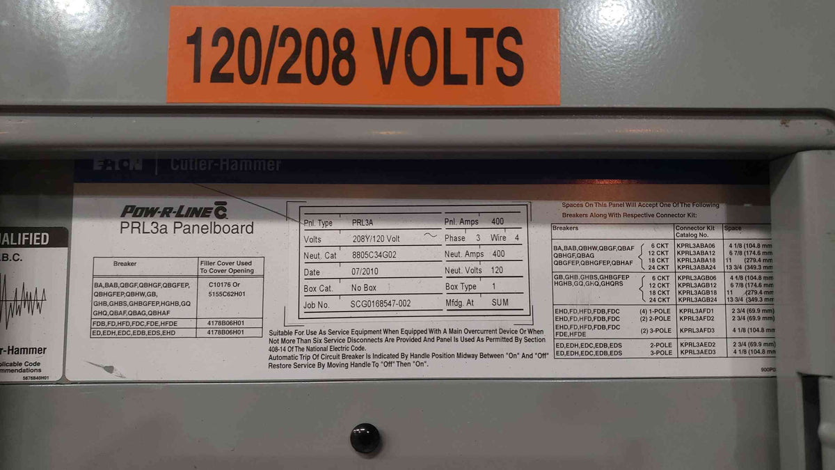 Cutler-Hammer Pow-R-Line PRL3a Panelboard 120/208V 400A 3 Phase Breakers Inc
