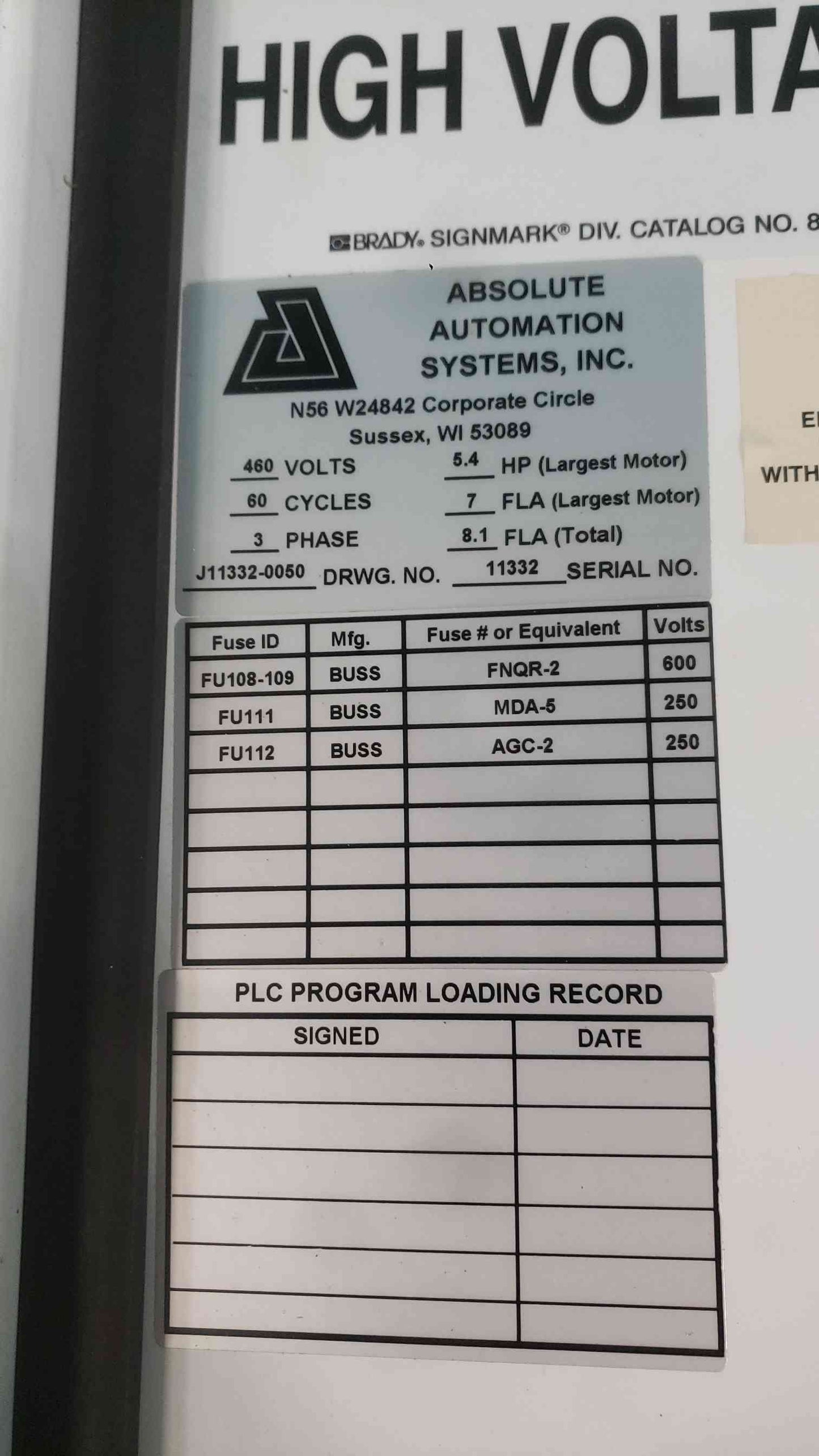 Absolute Automation 480V 3PH Industrial Control Panel (SKU: 113775)