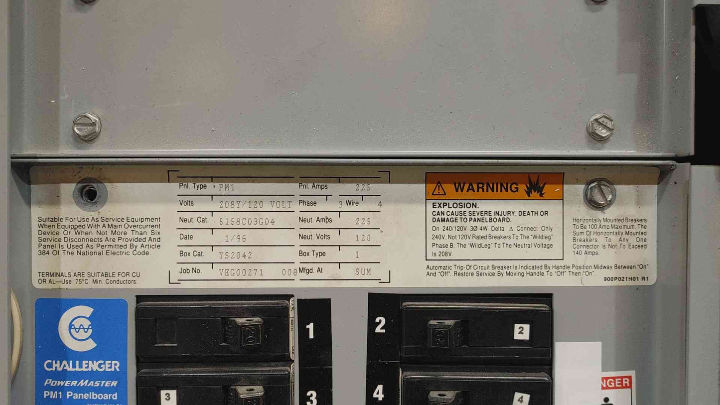 Challenger PowerMaster PM1 225A 3 Phase Panelboard Loaded With Siemens Breakers