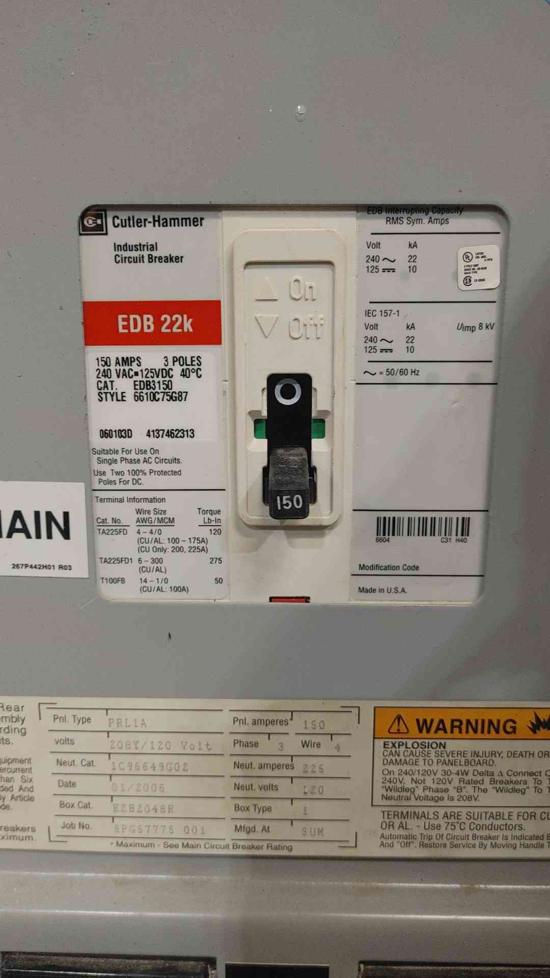 Eaton Cutler-Hammer PRL1A 150A Main 208Y/120V 3 Phase 42 Ckt Panelboard Pow-R-Line